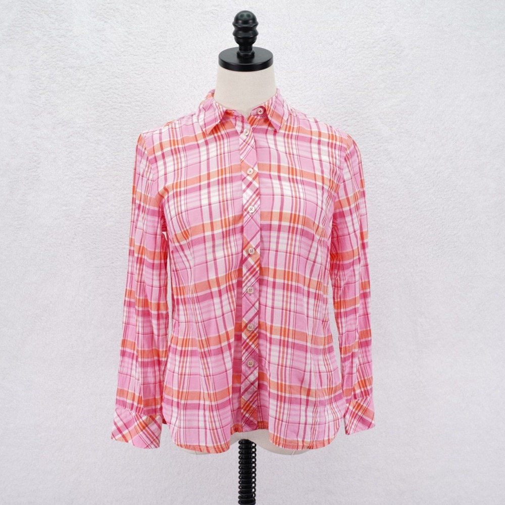 Talbots‎ Petite SP Small Pink Orange Plaid Collared Button Up Shirt Top Cotton